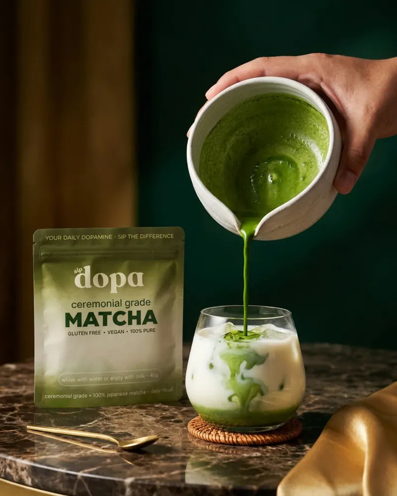 Ceremonial Grade Matcha being poured over milk