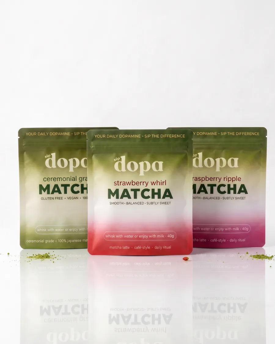 Three Dopa matcha pouches
