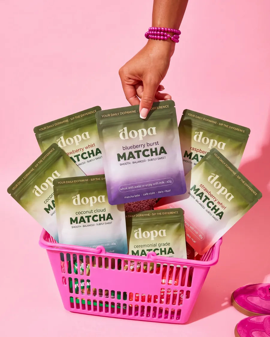 Basket full of Dopa matcha pouches