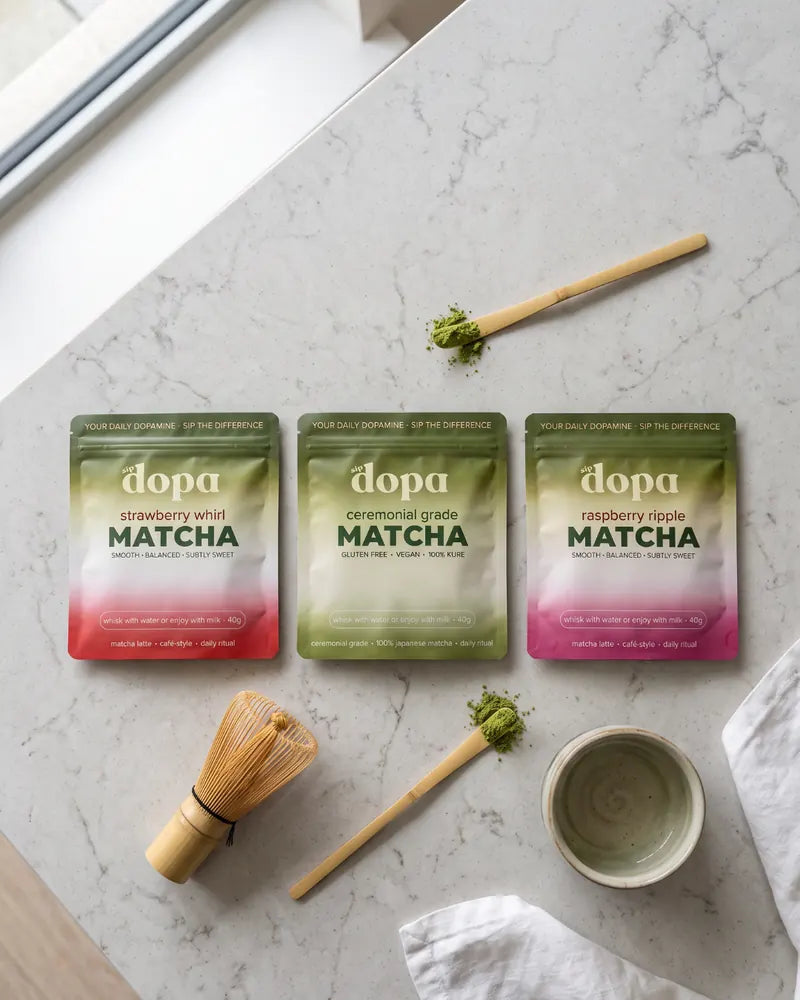 Dopa matcha pouches with bamboo whisk and matcha powder