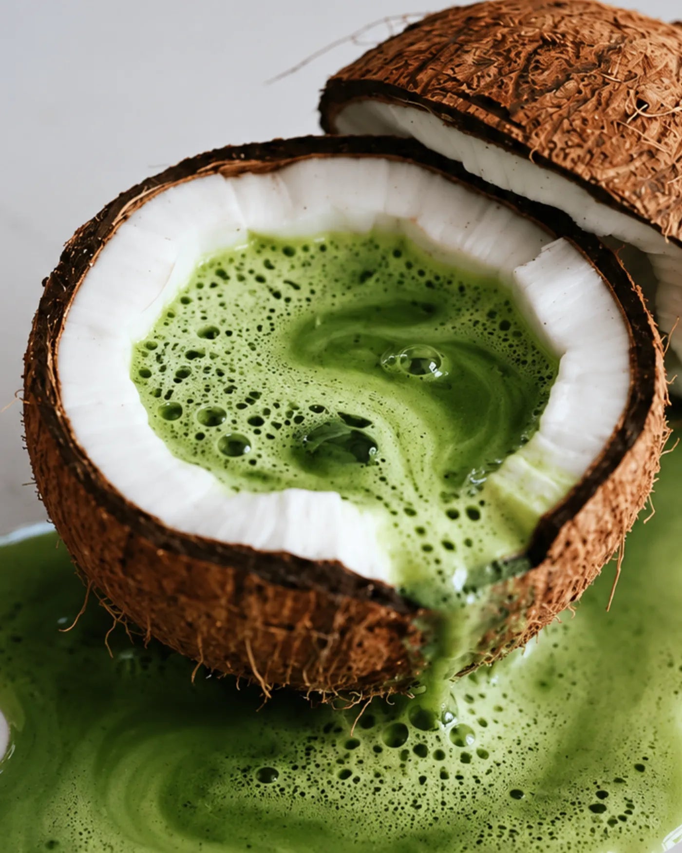 Dopa matcha poured into a coconut