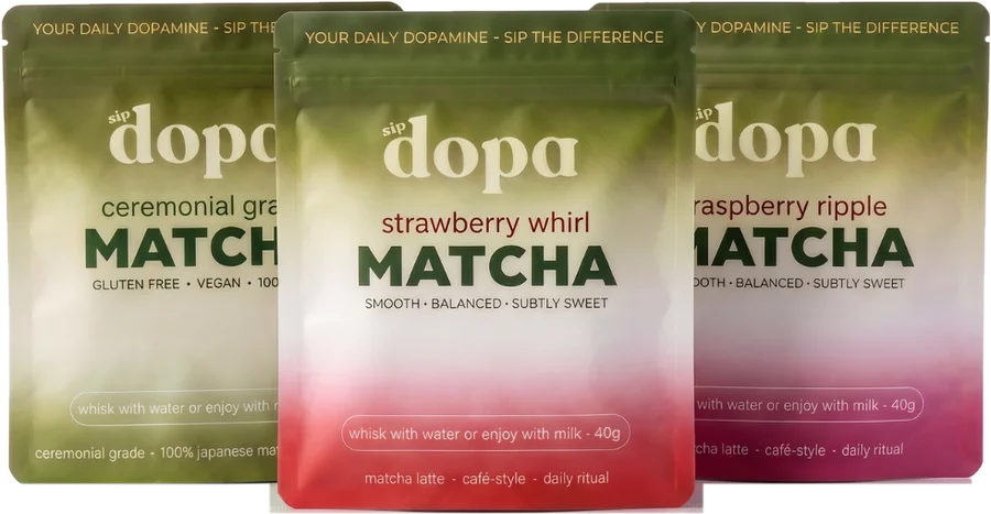 Dopa Starter Kit: Ceremonial Grade, Strawberry Whirl and Raspberry Ripple matcha pouches